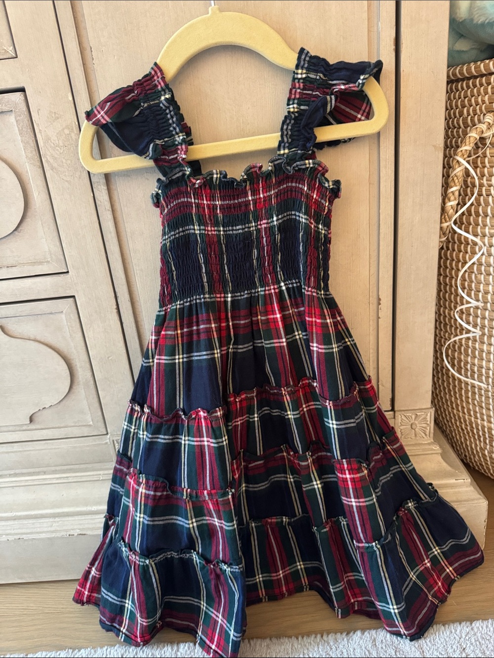 Girls Navy & Red Plaid Smocked Sundress